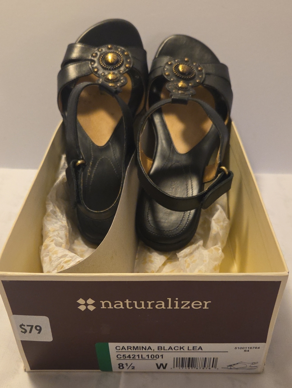 Naturalizer Carmina Black Lea Sandals with Decorative Medallion